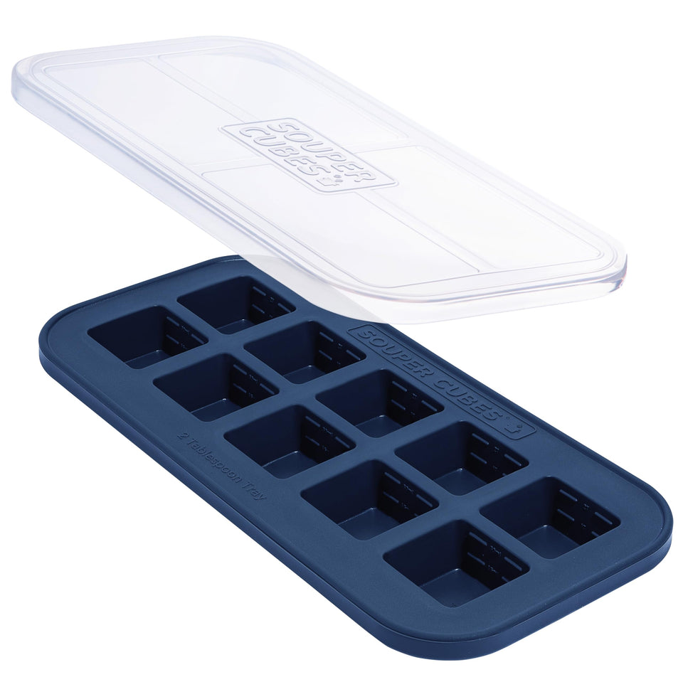 Souper Cubes blueberry 2tbsp freezer mold with lid for easy portioning and storage.