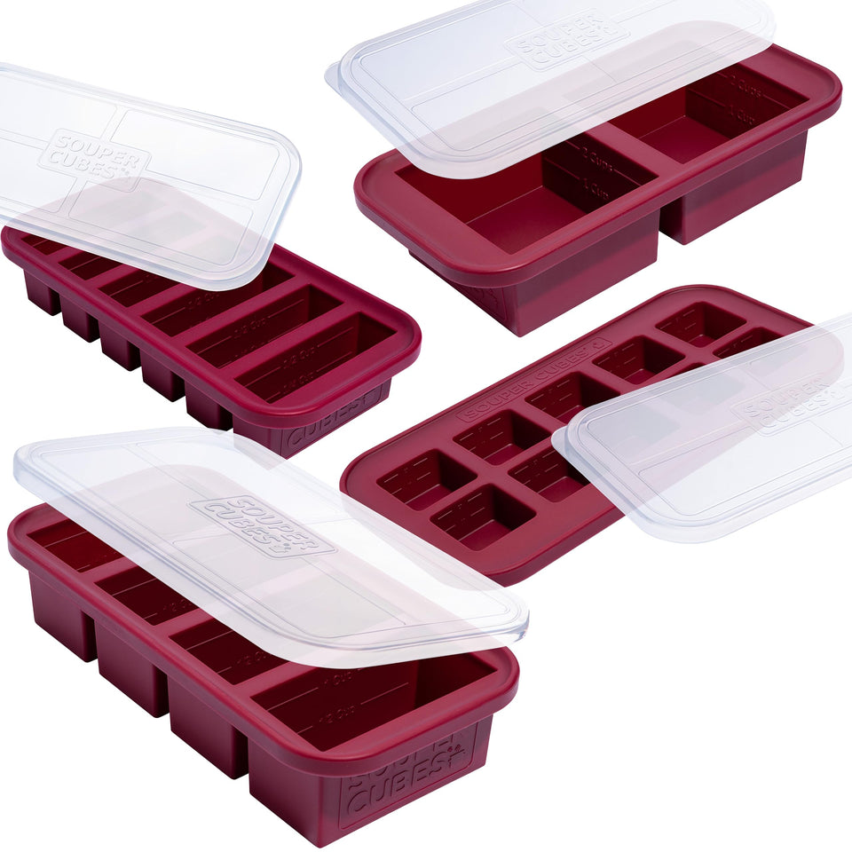 Souper Cubes cranberry gift set with labeled lids for organized meal prep