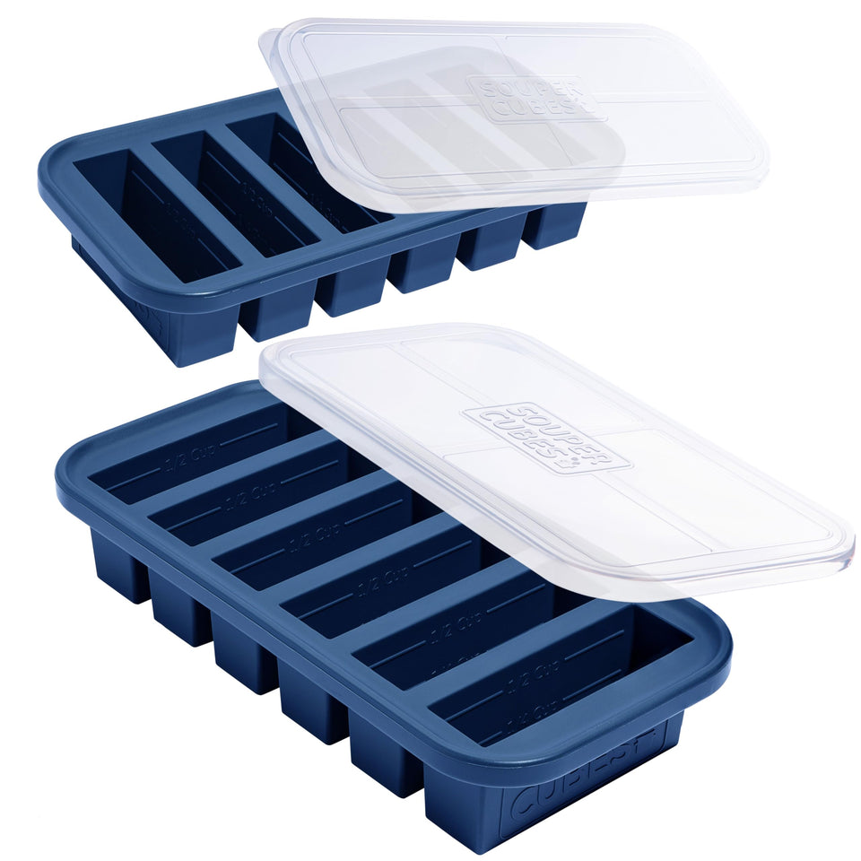 Souper Cubes half-cup freezer tray with lid for precise meal-prep portions.