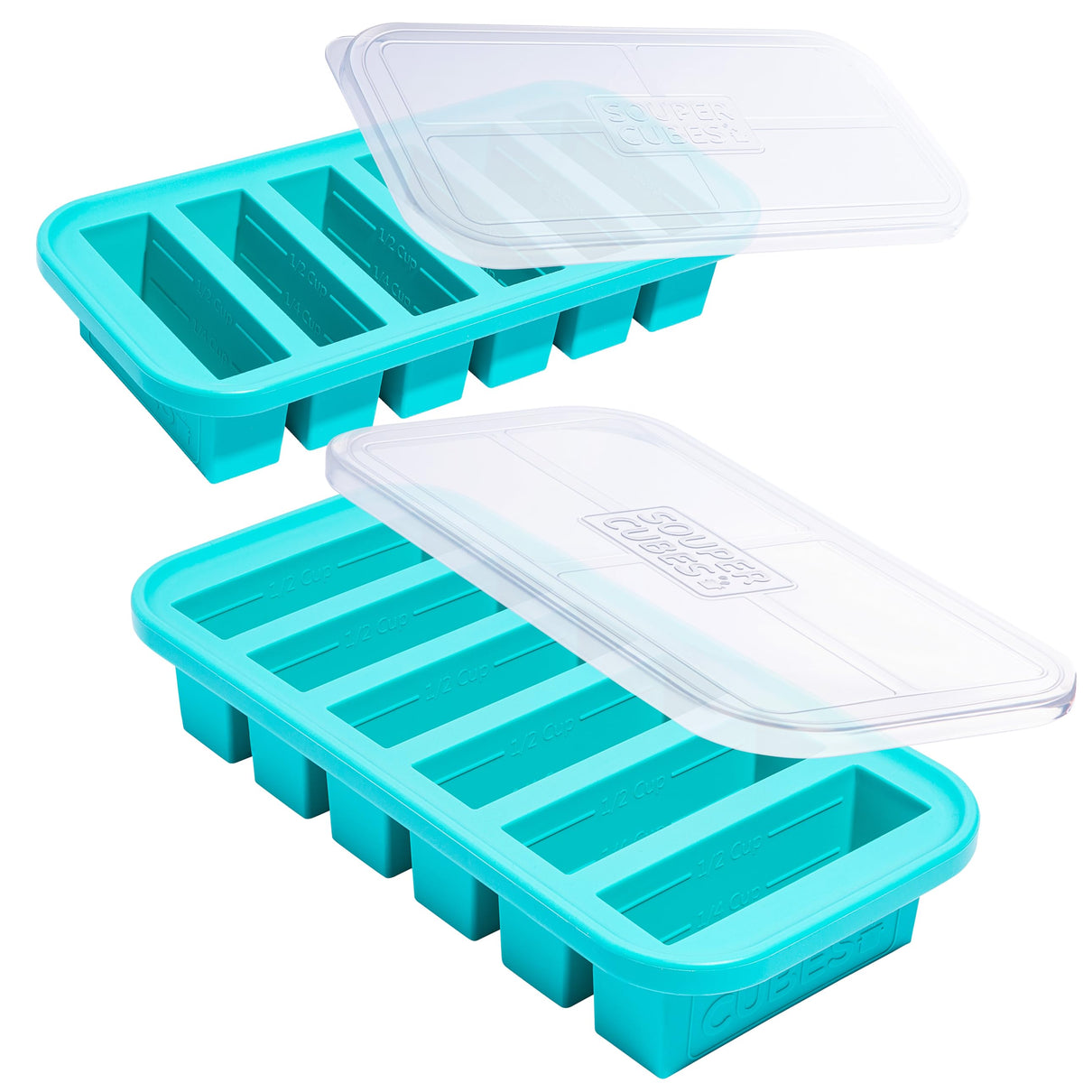 Souper Cubes half-cup molds with lids Aqua, ideal for portioned soups.