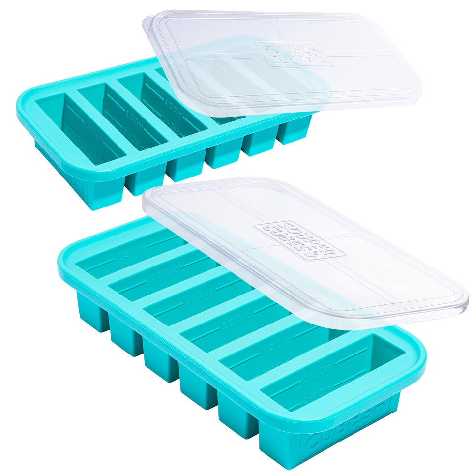Souper Cubes half-cup molds with lids Aqua, ideal for portioned soups.