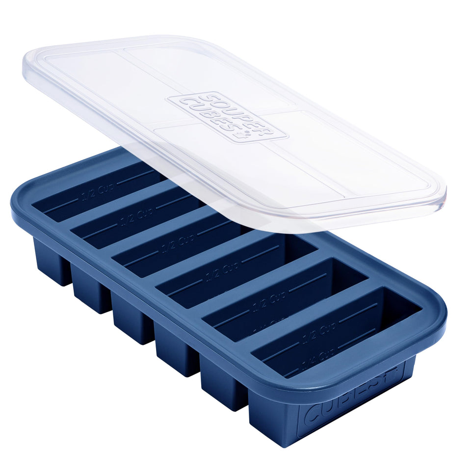 Souper Cubes half-cup silicone freezer mold with blue lid for precise meal portions.