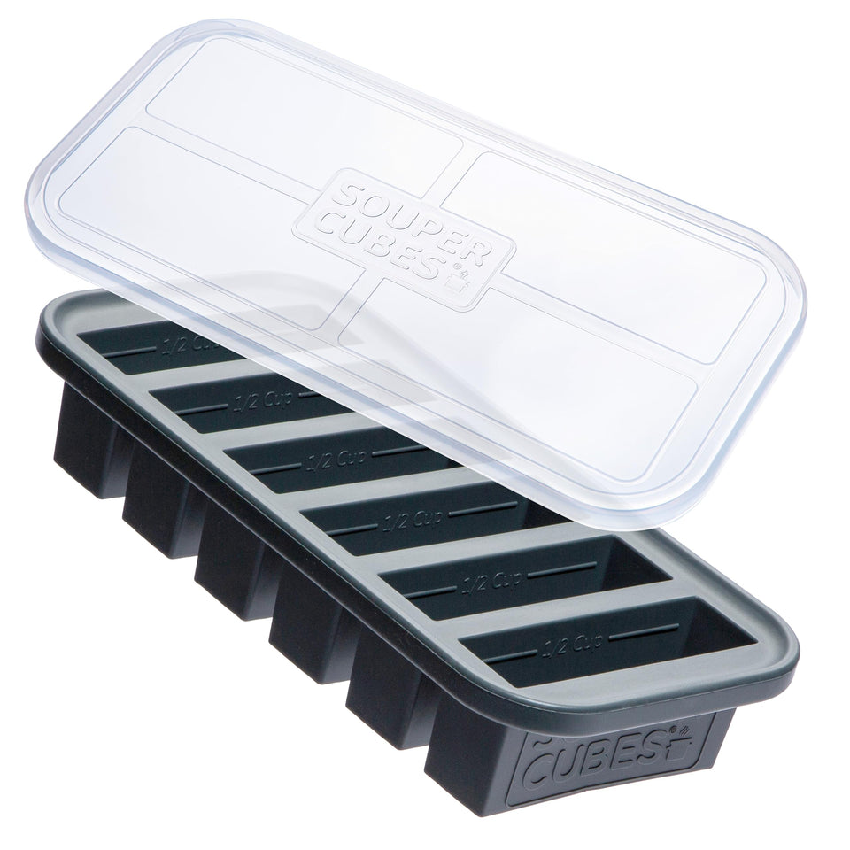Souper Cubes half-cup silicone freezer mold with lid, ideal for quick meal prep portions.