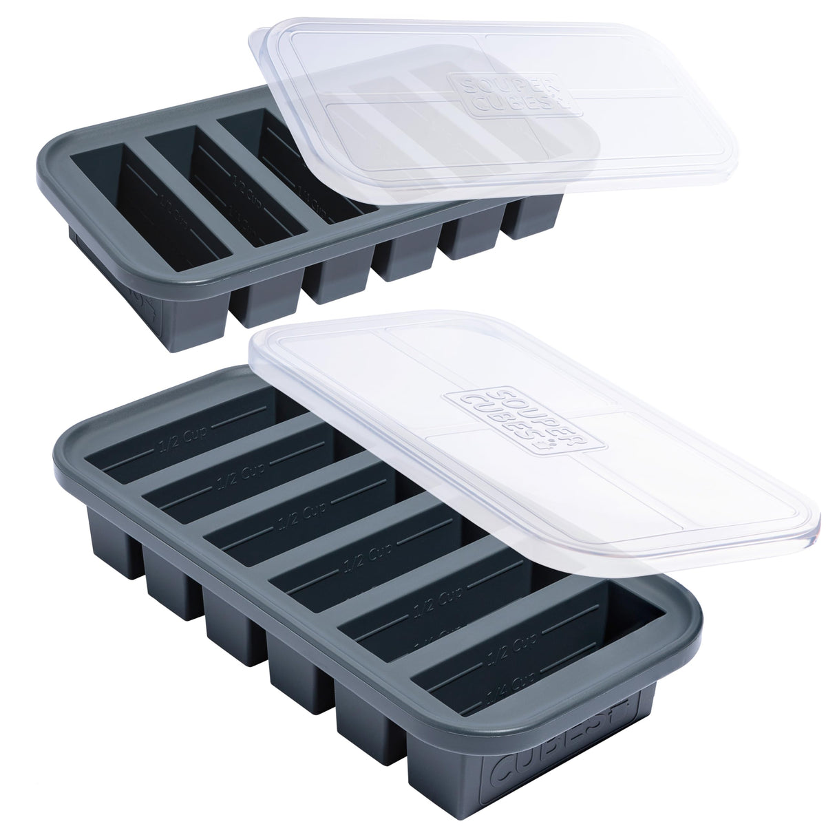Souper Cubes half-cup silicone freezer molds in charcoal for precise portions of soups and sauces.