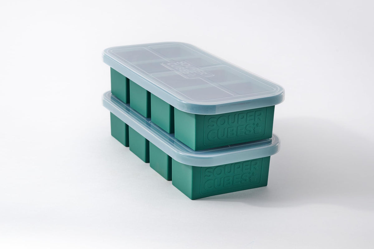 Souper Cubes Kale 1-Cup Tray with Lids for easy portion-controlled freezing.