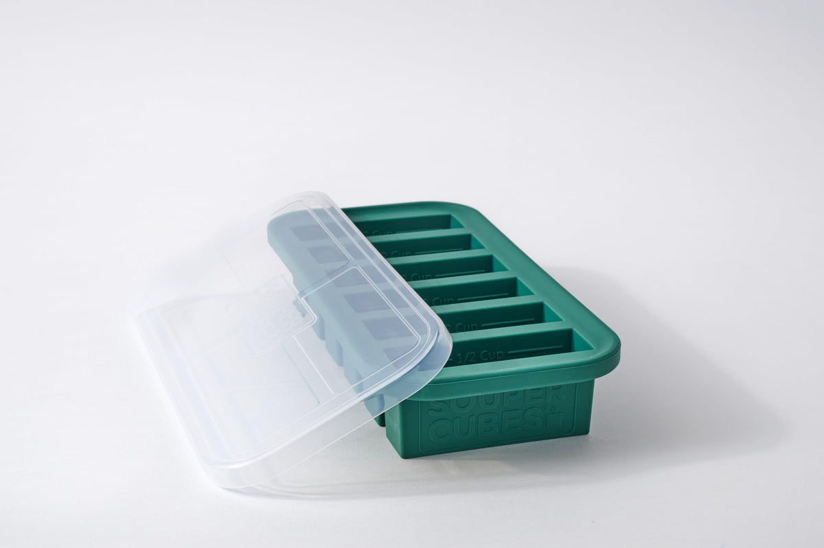 Souper Cubes Kale half-cup mold with lid, ideal for meal prep and easy release.