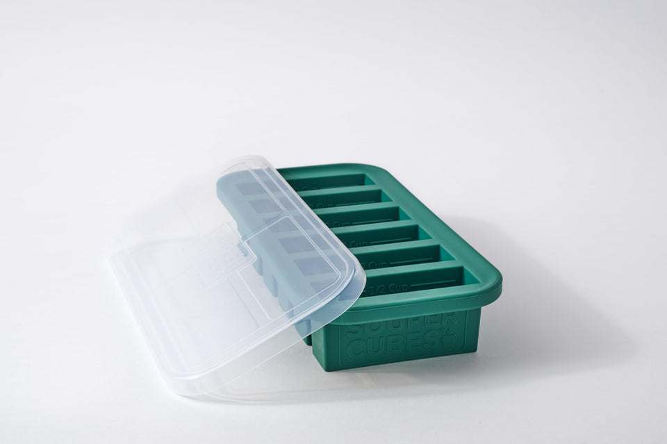 Souper Cubes Kale half-cup mold with lid, ideal for meal prep and easy release.