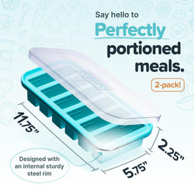 Souper Cubes Aqua lids on molds, ideal for easy freezer storage.