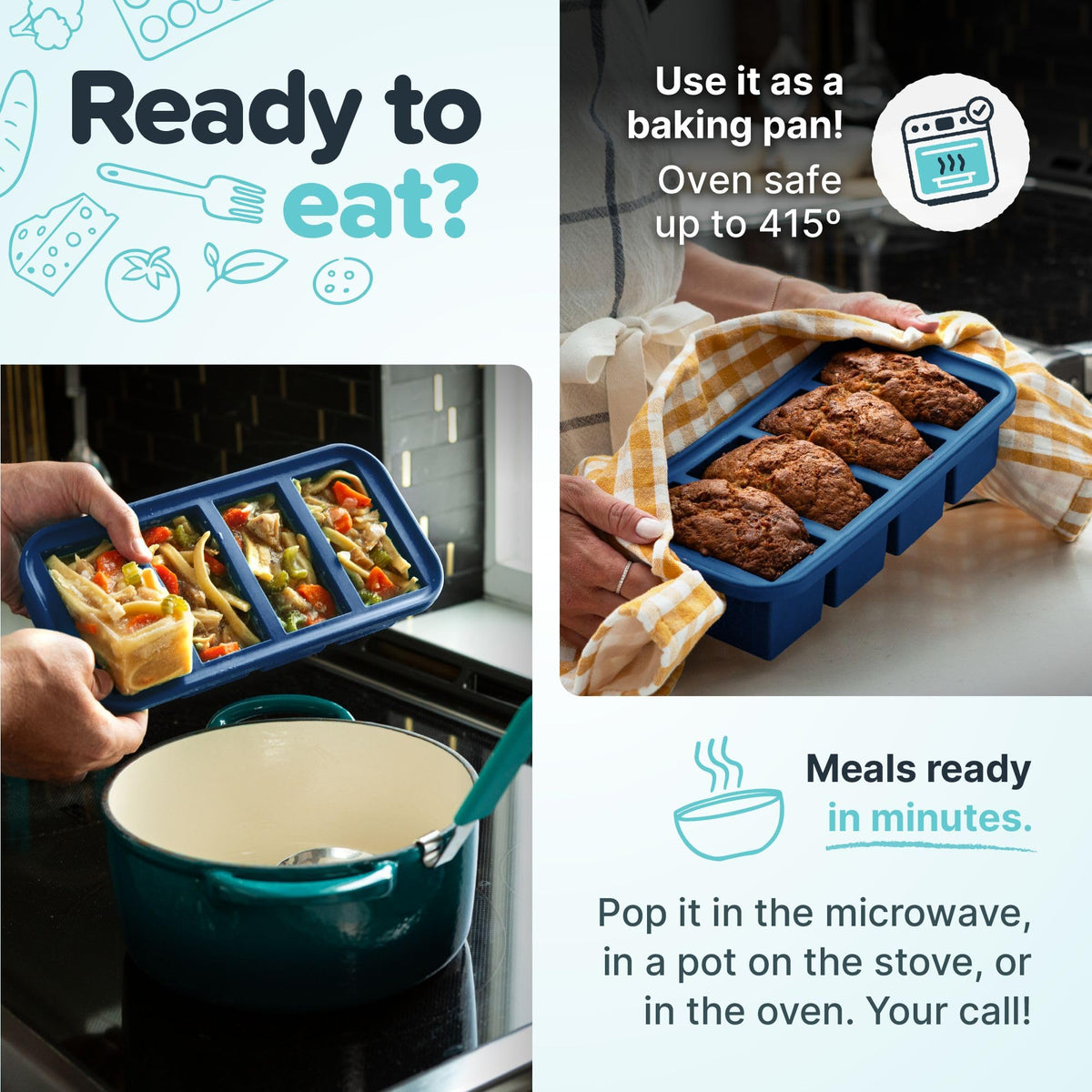 Souper Cubes blue freezer lids stack neatly for space-saving storage.