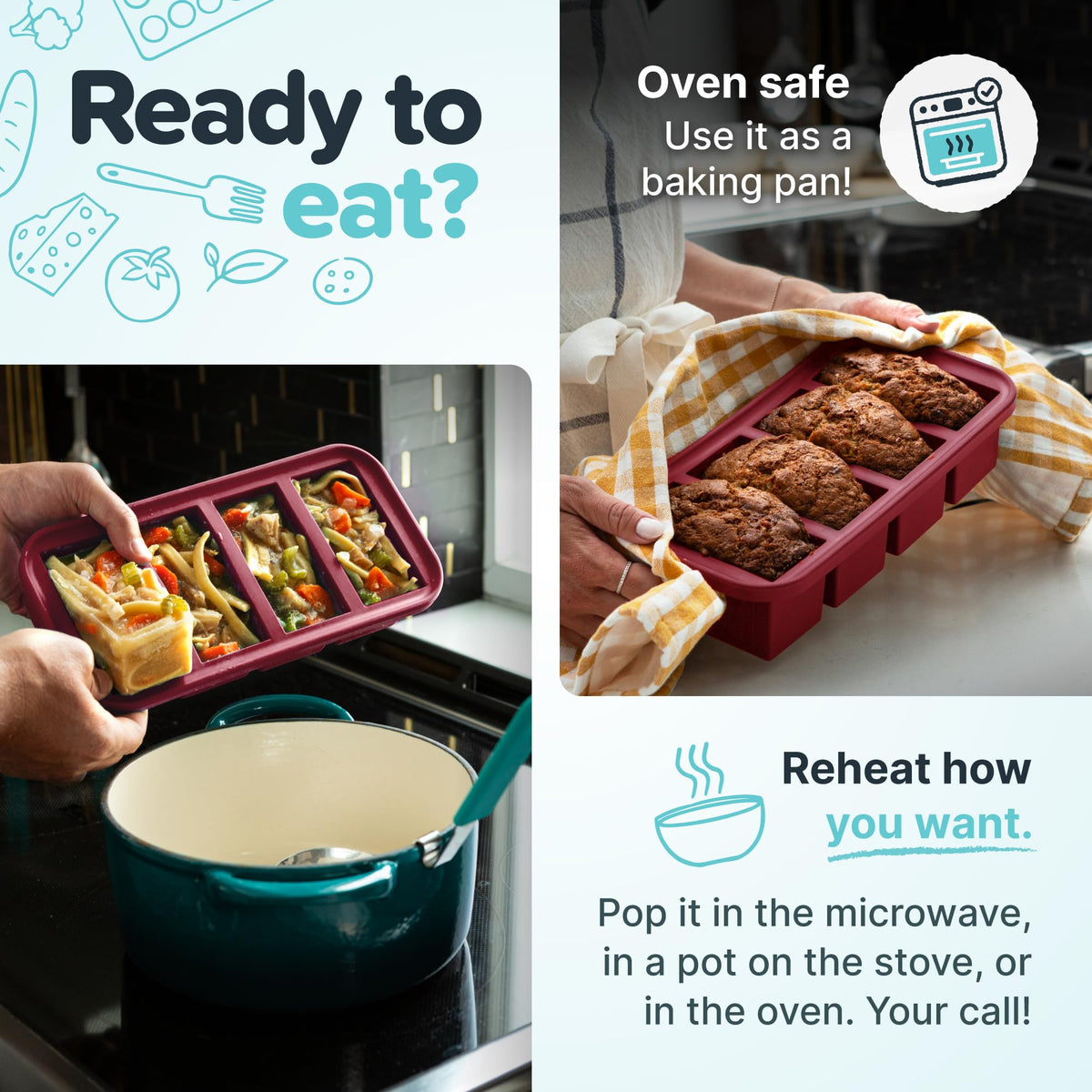 Meal-prep leftovers arranged in Souper Cubes for quick future meals.