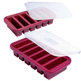 Souper Cubes one-half-cup freezer trays with cranberry lid for easy meal portions.