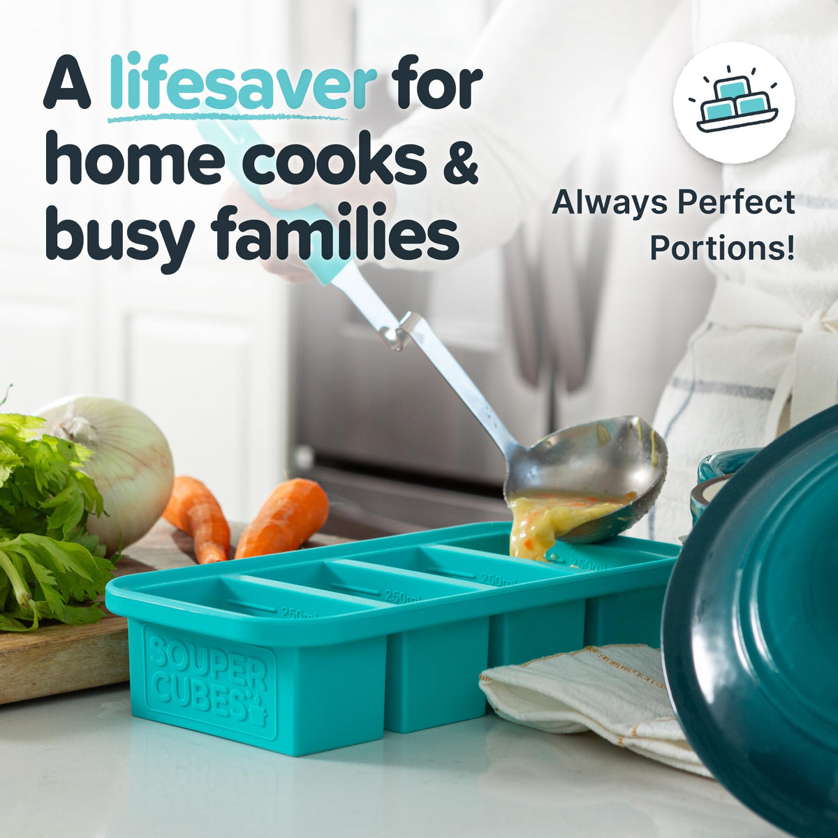 Souper Cubes oven-safe up to 415 F and dishwasher-safe for easy cleanup