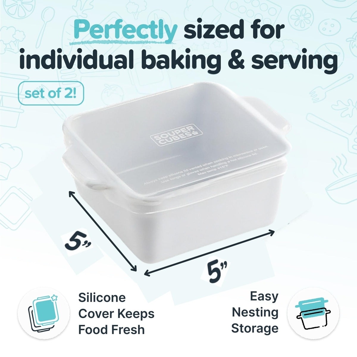 Souper Cubes 5x5 dish with silicone cover for fresh, ready-to-bake portions
