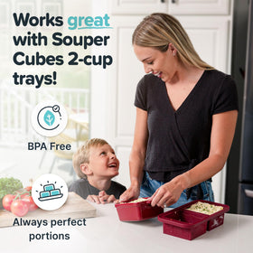 Souper Cubes stackable cranberry dish saving cabinet space.