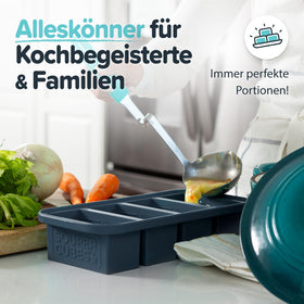 Souper Cubes charcoal tray shown stacked for compact freezer storage