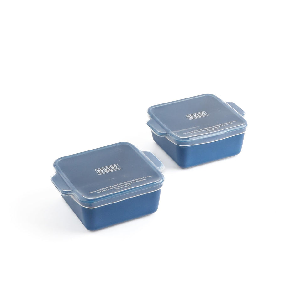 Souper Cubes stoneware 5x5 baking dish blueberry ready for reheating leftovers.