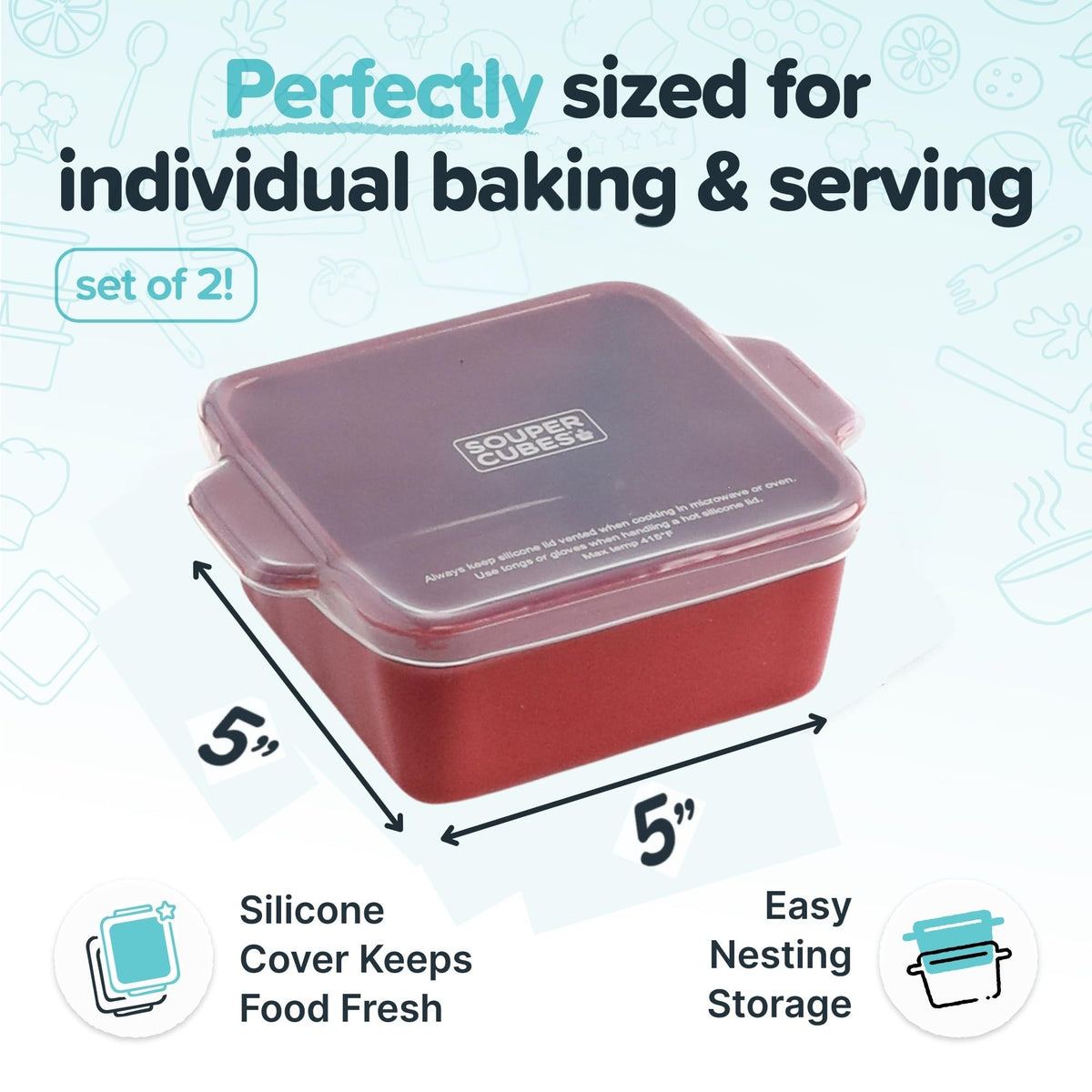 Souper Cubes 5x5 dish with silicone lid preserves moisture during reheating.