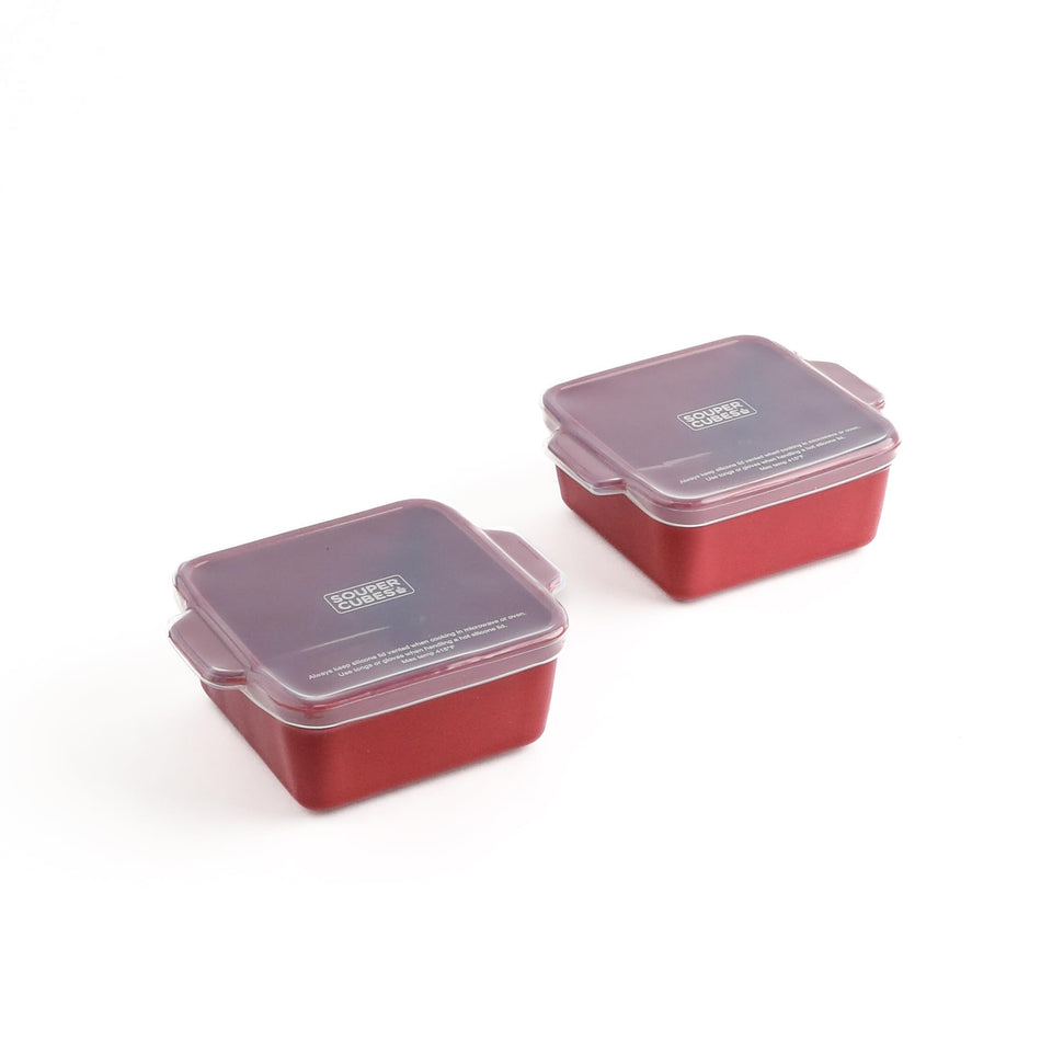 Souper Cubes cranberry stoneware 5x5 dish ready to reheat leftovers.