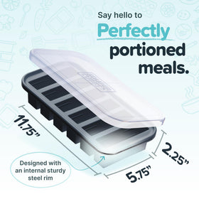 Souper Cubes trays with lids in charcoal offer stackable, mess-free meal prep storage.