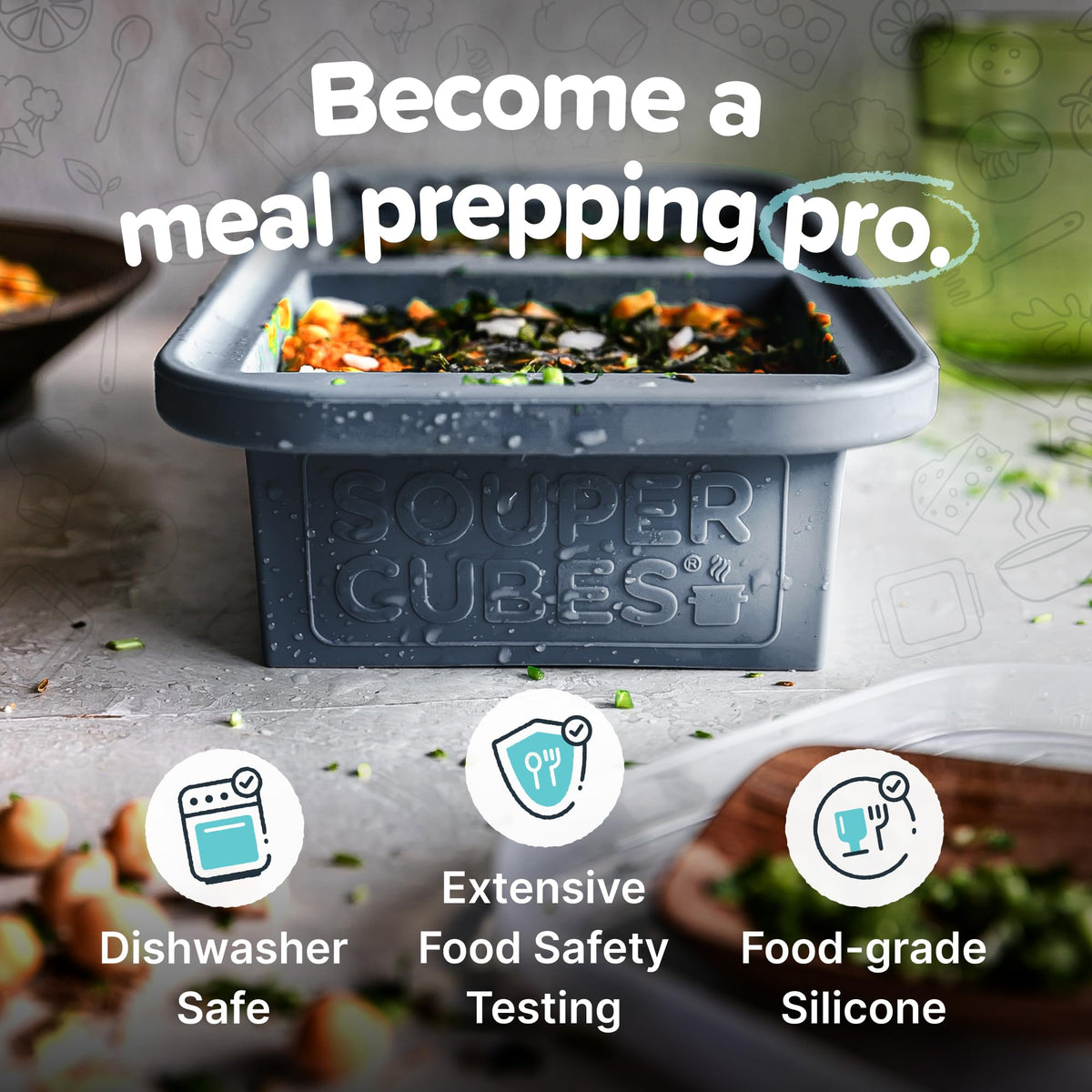 Souper Cubes charcoal 1-2 cup tray for freezing full meals with lids.