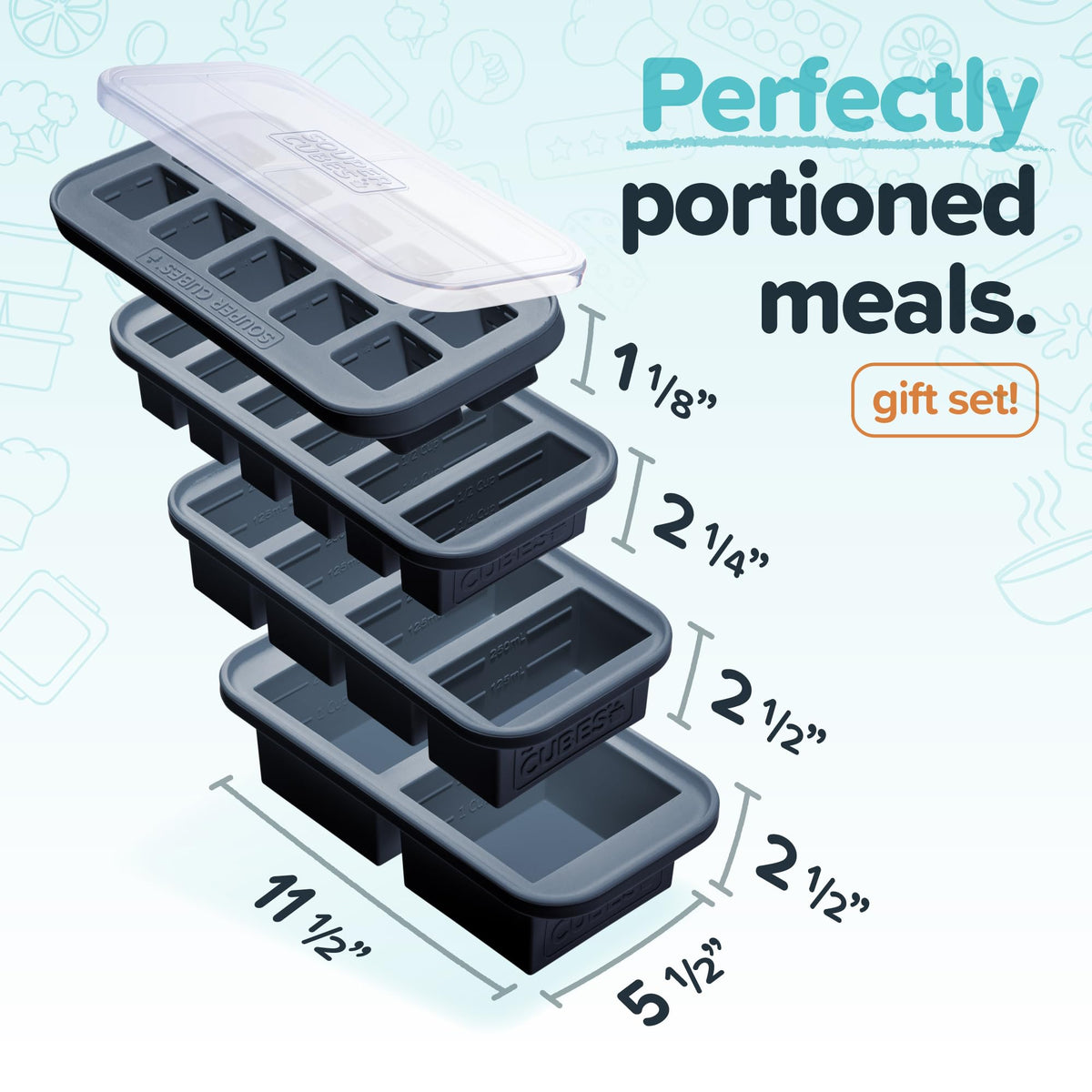 Souper Cubes charcoal 1-cup tray showing portion-controlled lunch options.
