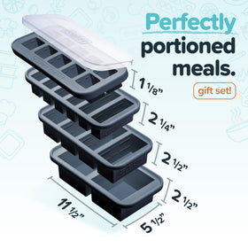 Souper Cubes charcoal 1-cup tray showing portion-controlled lunch options.