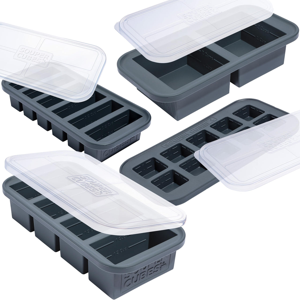 Souper Cubes charcoal 2-cup tray ready for batch meal prep and freezing.