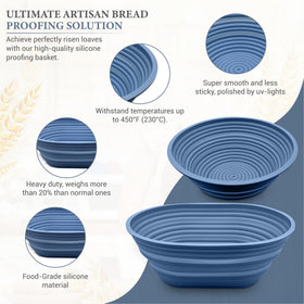 Sourdough Whisper blue banneton basket saves counter space with foldable design.