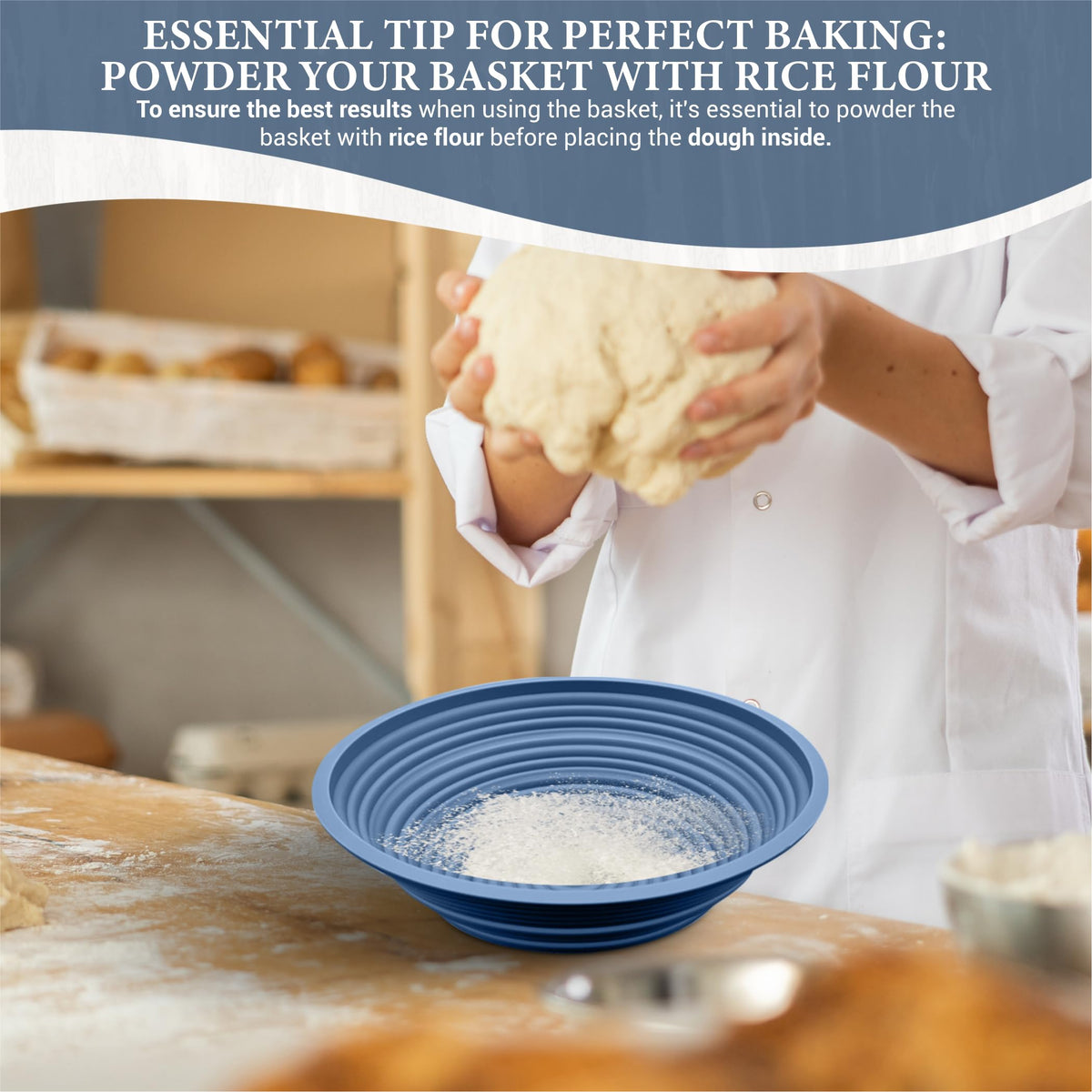 Sourdough Whisper blue banneton basket for dishwasher-safe proofing and easy cleanup.