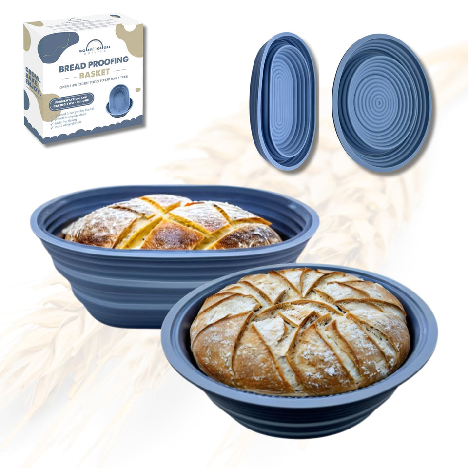 Sourdough Whisper premium foldable banneton oval 9.5in blue for even dough proofing.