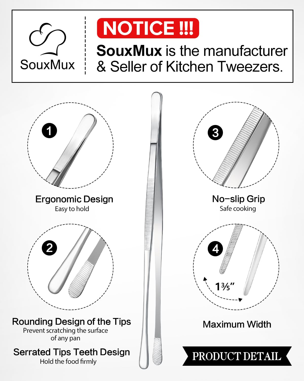 SouxMux 2 Pcs 12-inch tweezers with wide tips for handling larger delicate items.