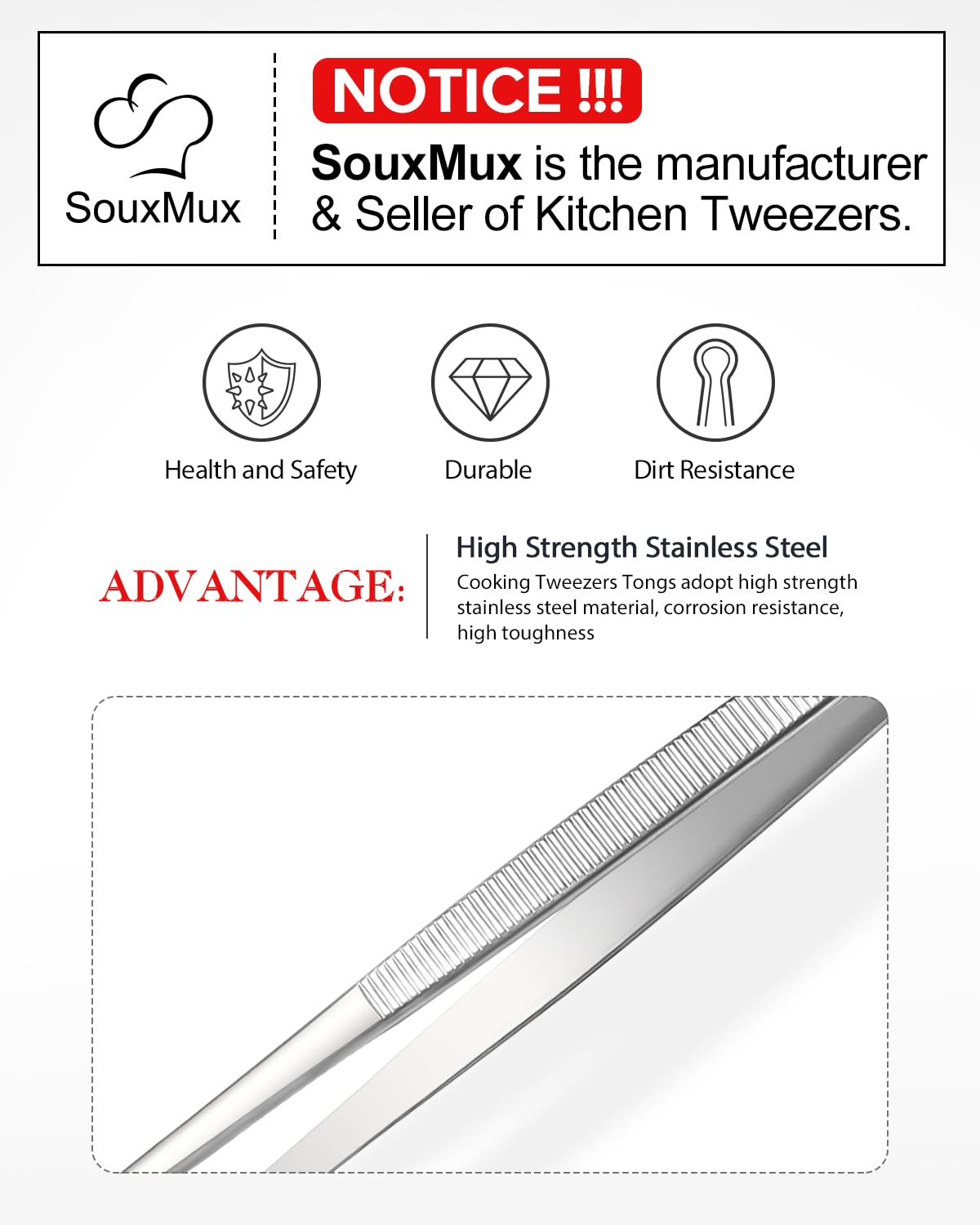 SouxMux stainless steel kitchen tongs with rust-resistant coating for long-lasting use.