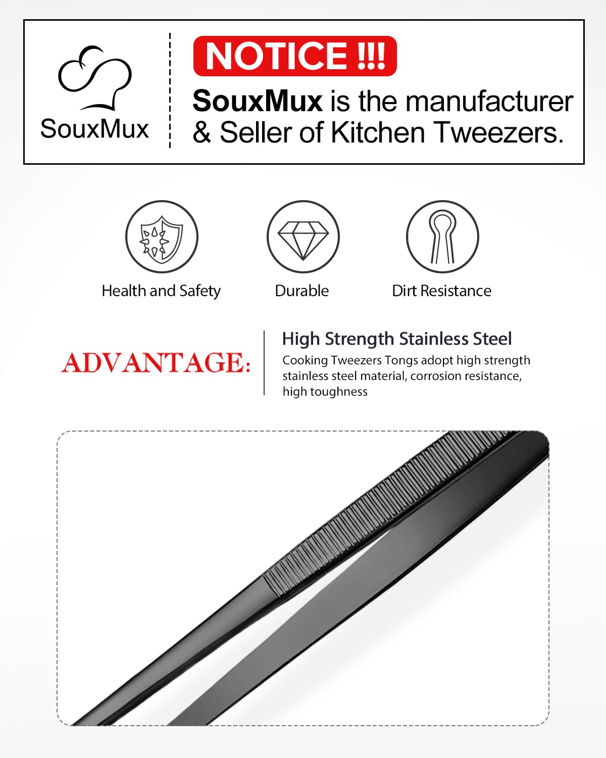 SouxMux grooved handle provides secure non-slip grip in greasy kitchens.