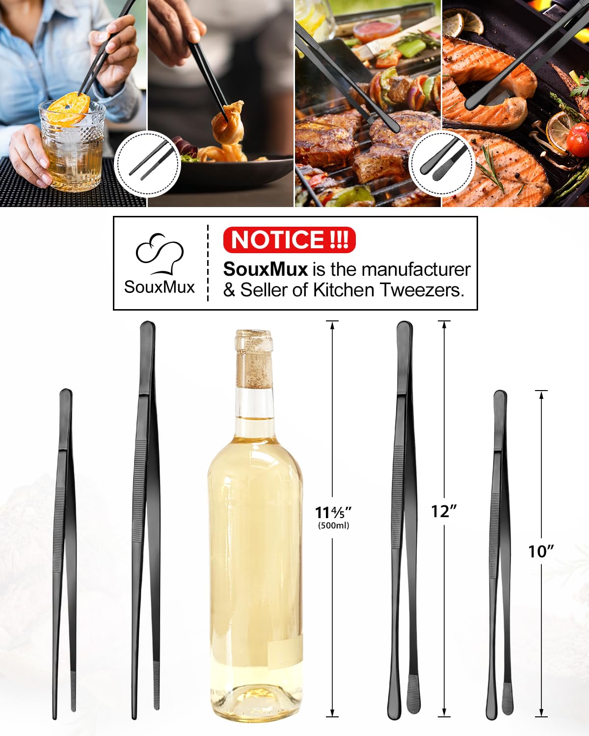 SouxMux stainless steel kitchen tweezers 12-inch endure regular use.