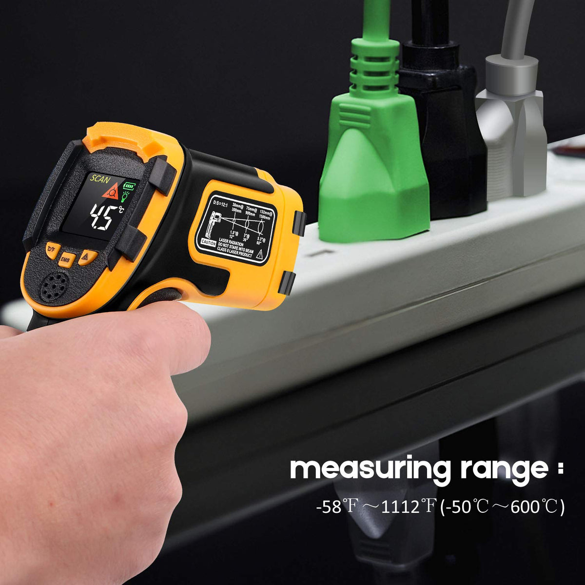 Red laser guides precise aiming during cooking and repairs.