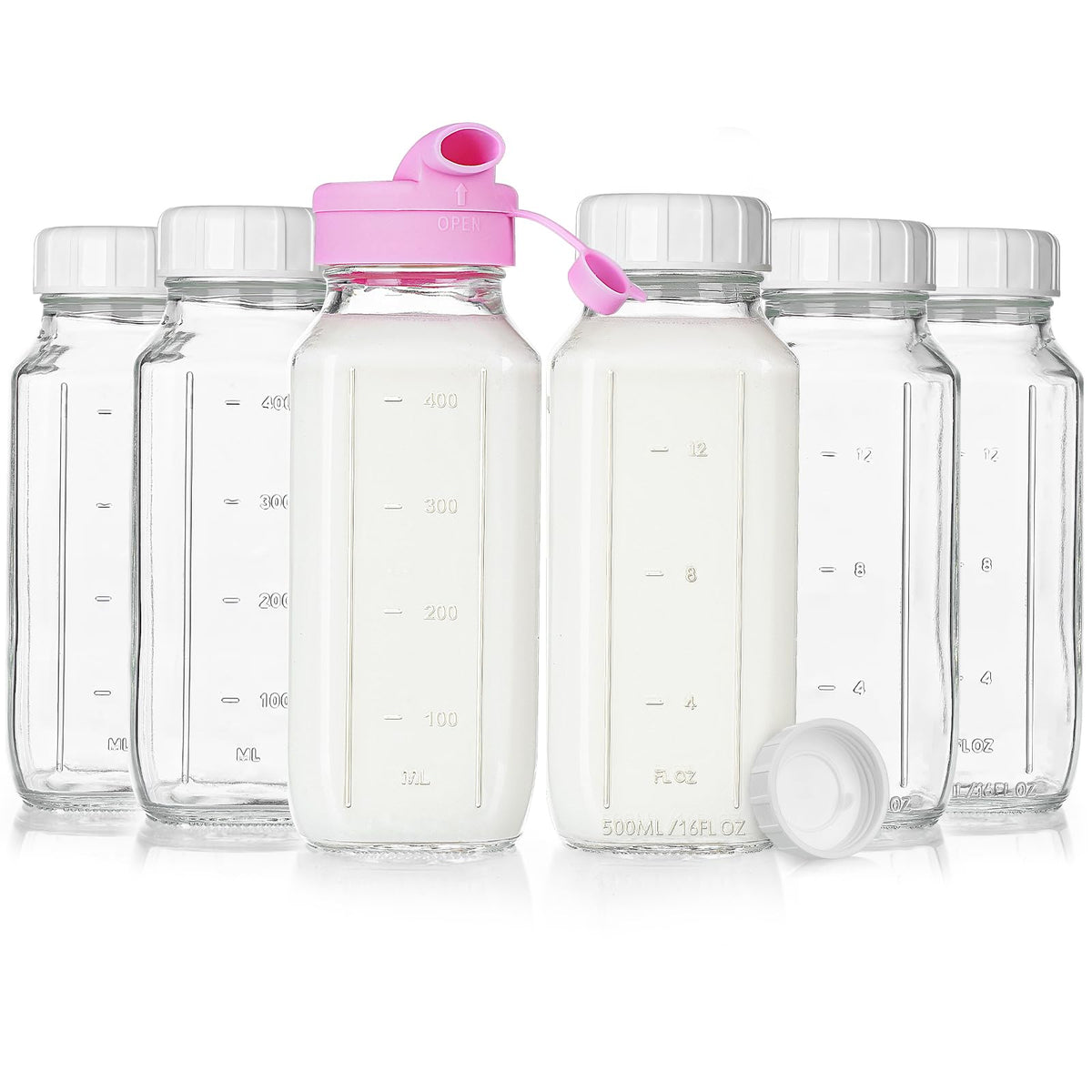 Sovietiep 16 oz square glass bottles with silicone cap for easy, spill-free pouring.