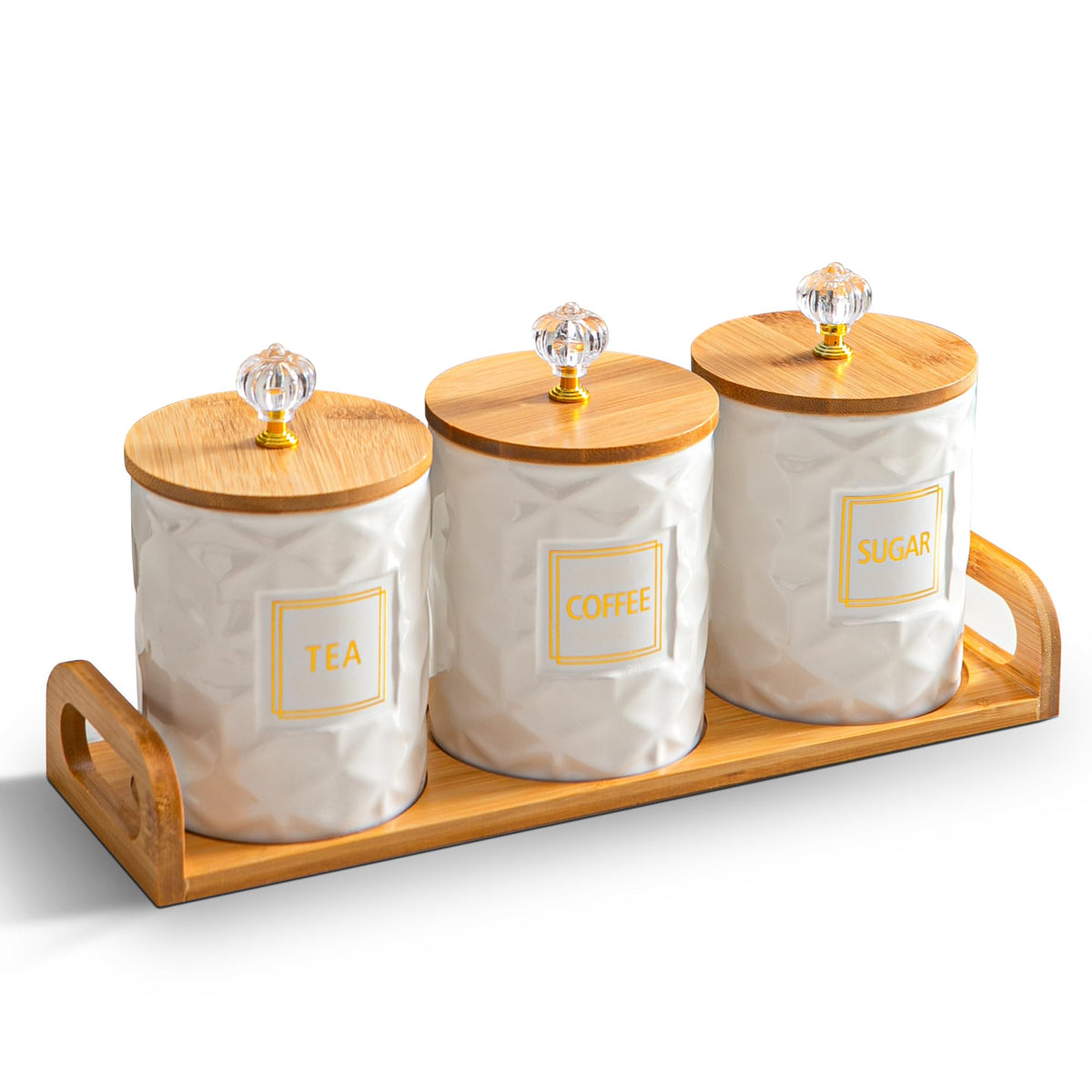 Sowlvenco ceramic canisters with tray on a kitchen counter for tidy storage.