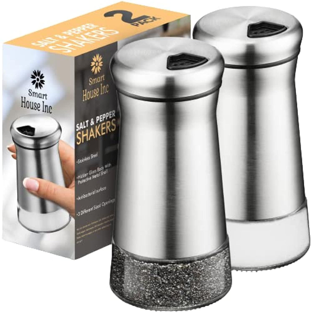 SP HOME GOODS Original salt and pepper set in silver with adjustable pour holes for controlled seasoning.