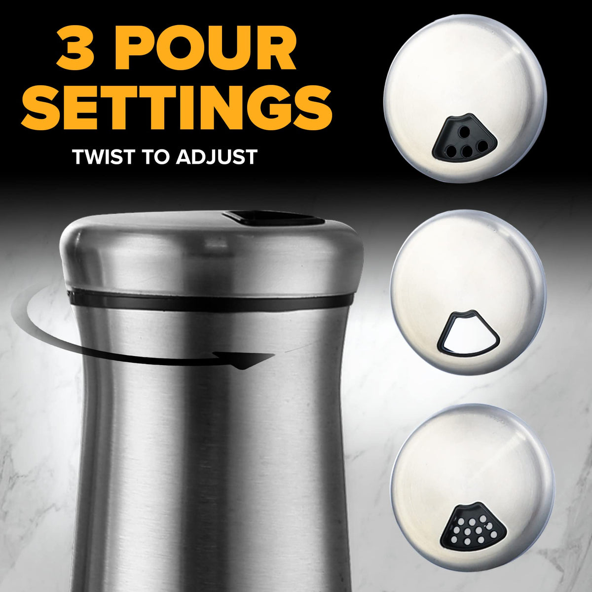 SP HOME GOODS stainless steel caps on glass spice bottles provide durable, easy-to-grip control.