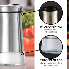 SP HOME GOODS silver spice dispensers ready for table or kitchen counter.