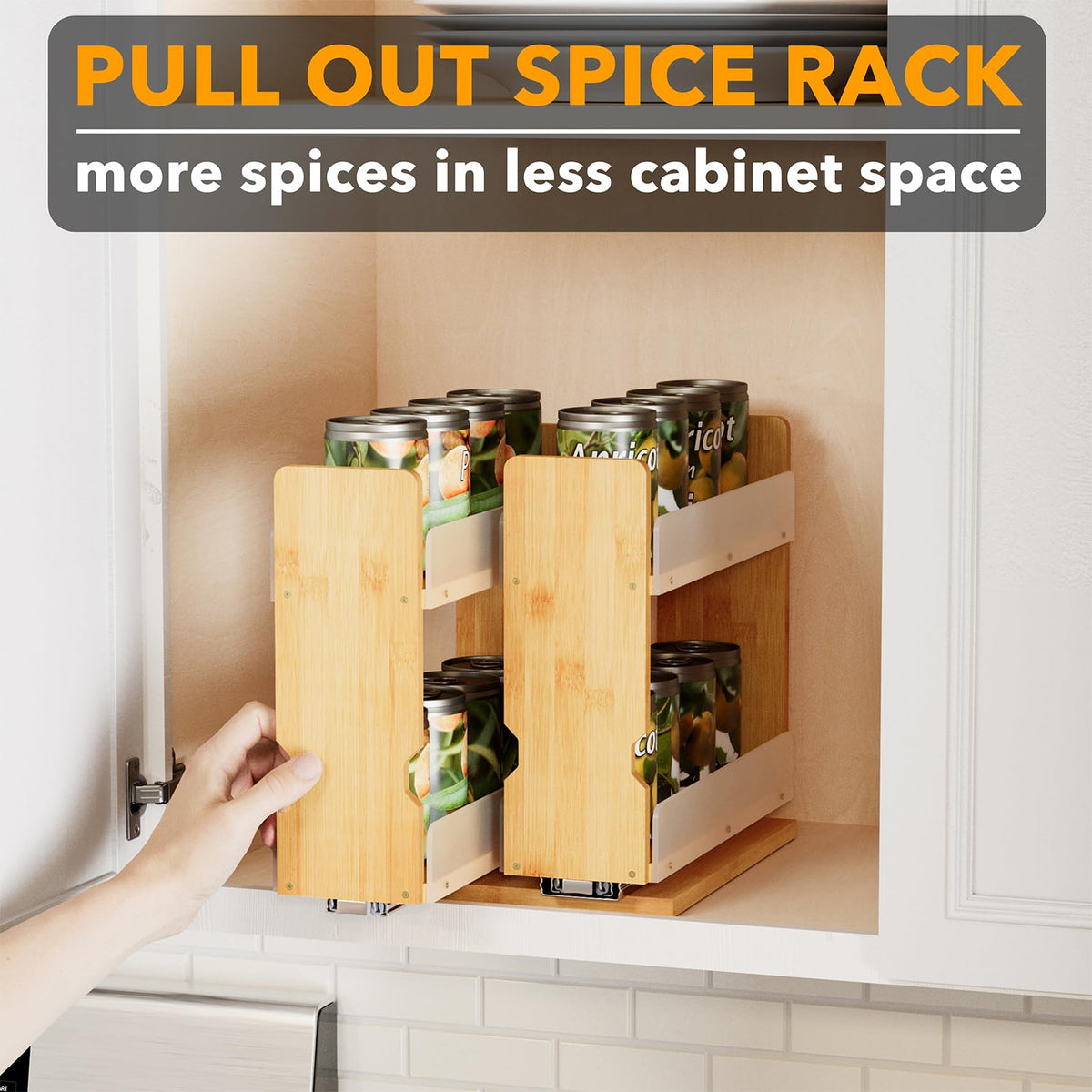 SpaceAid two-drawer spice rack opened to reveal organized bottles