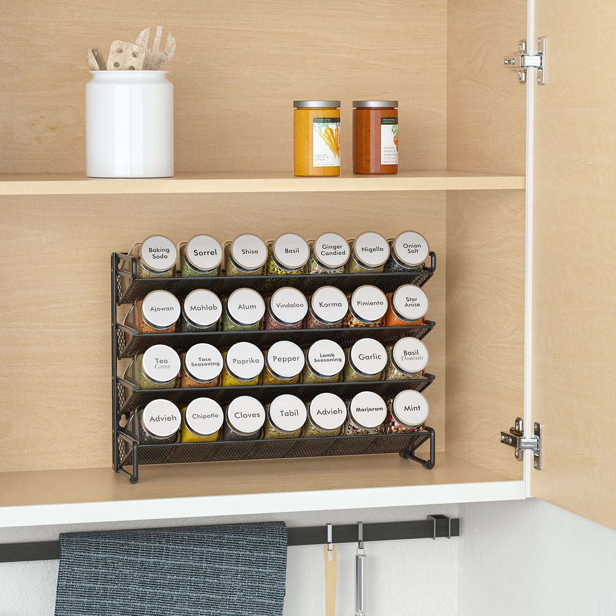 SpaceAid 4-tier spice rack close-up highlights easy access to spices.