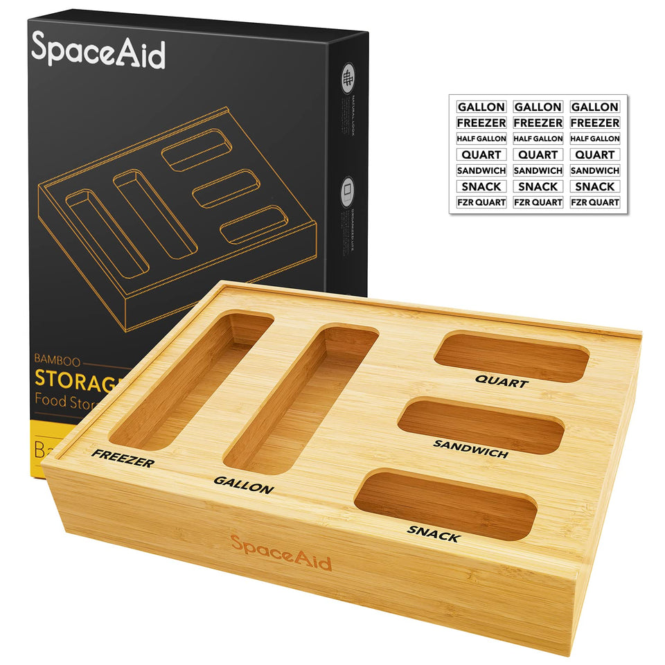 SpaceAid bag organizer front view showing five-slot bamboo box for tidy drawers