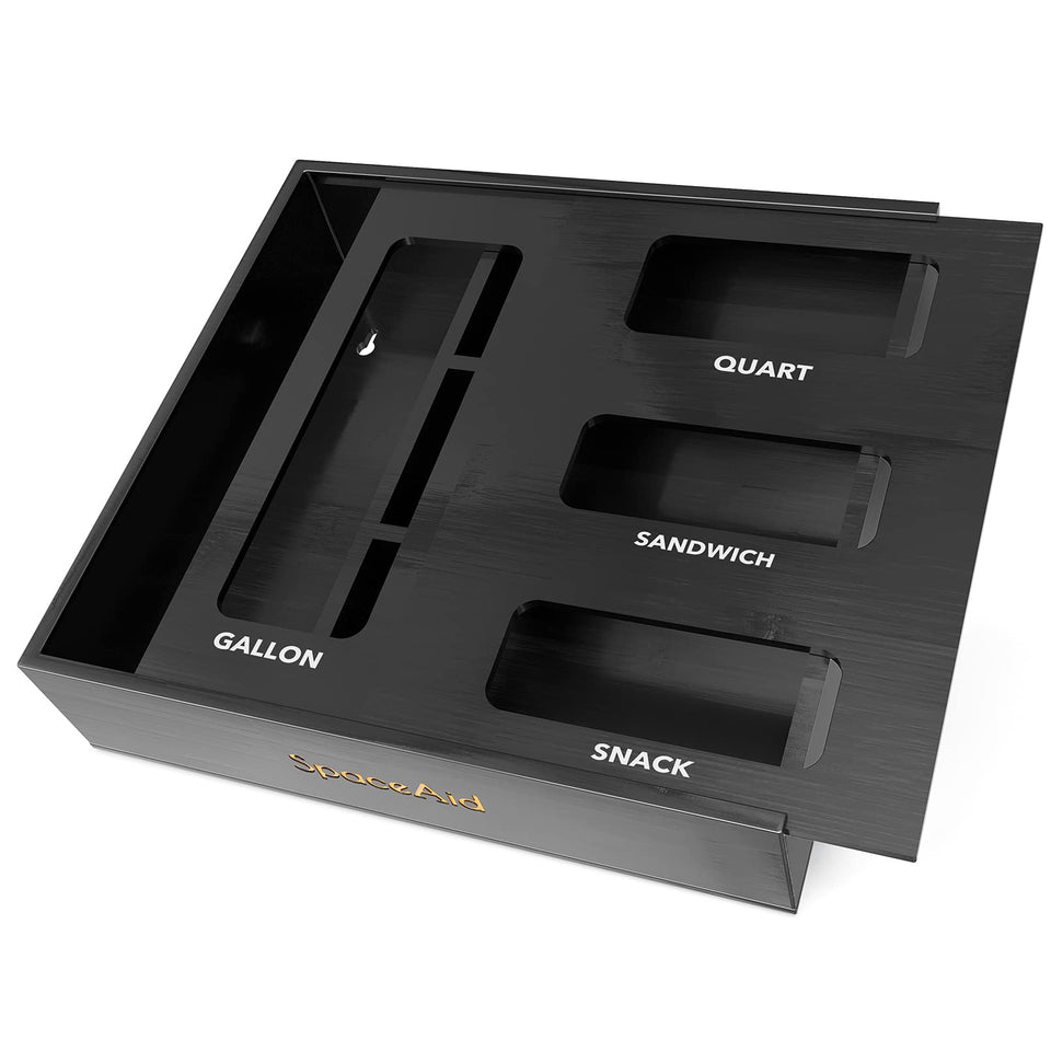 SpaceAid bamboo bag organizer in four-slot front view for neat drawer storage