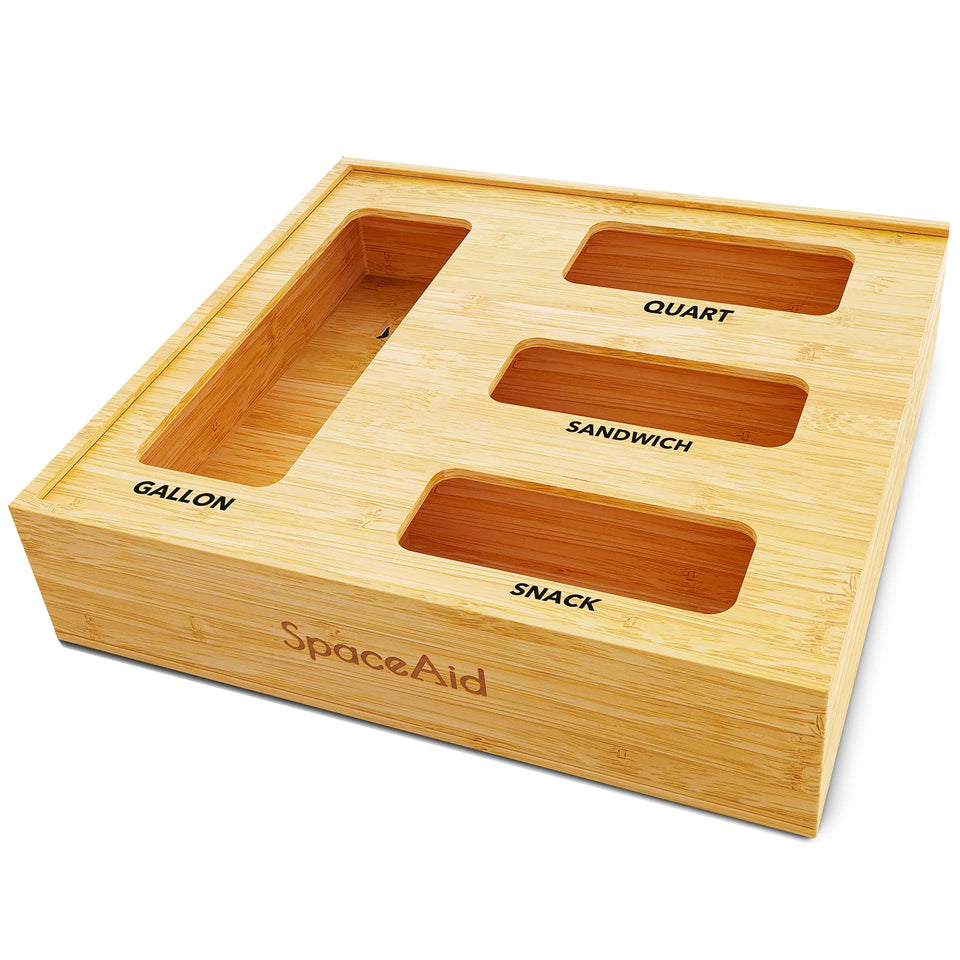 SpaceAid bag storage organizer in a kitchen drawer keeps bags neat.