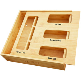 SpaceAid bamboo bag storage organizer in a drawer keeps bags neatly arranged and accessible.