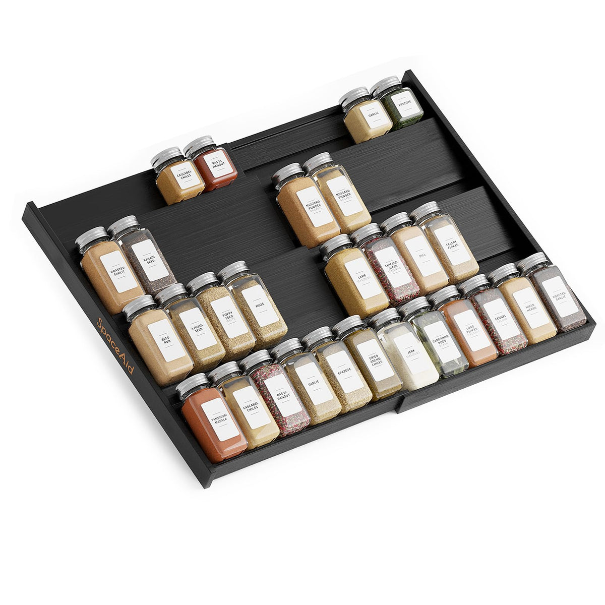 SpaceAid bamboo black spice drawer organizer in a deep drawer with jars