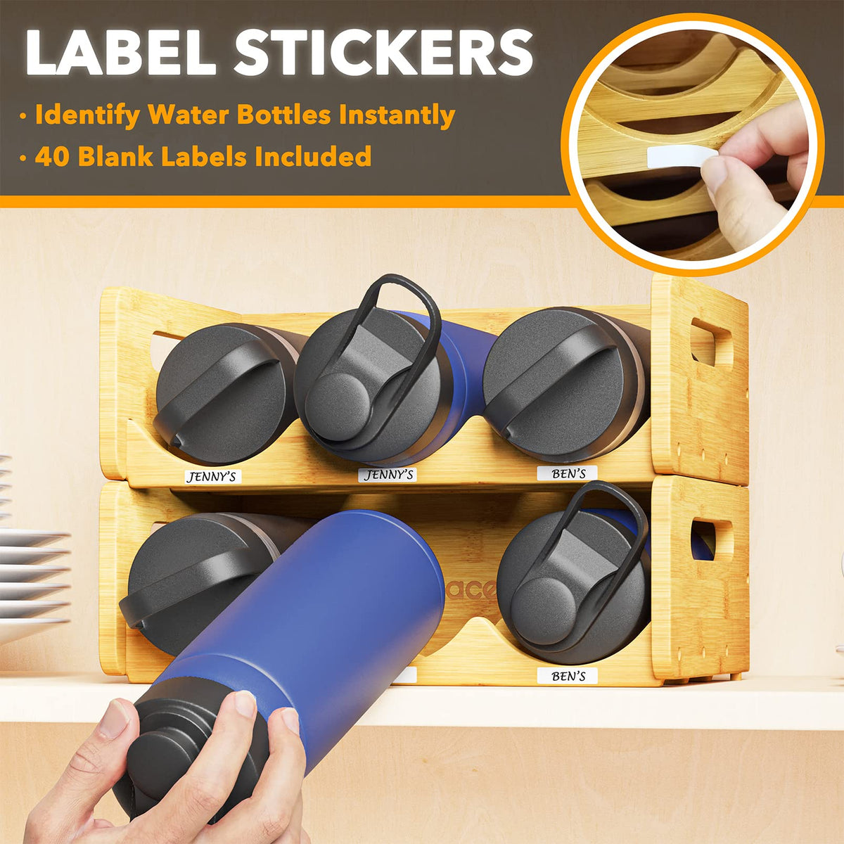 SpaceAid bamboo bottle organizer sturdy-construction keeps mugs, cups, and wine bottles stable.