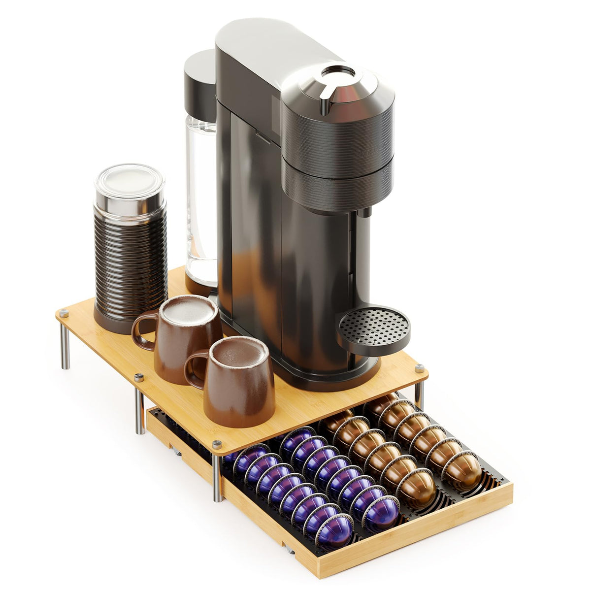 SpaceAid bamboo pod drawer keeps Vertuo pods neatly organized on the counter.