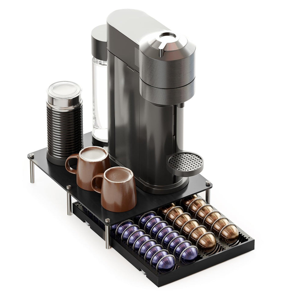 SpaceAid bamboo coffee pod holder drawer on counter for quick access to Vertuo capsules.